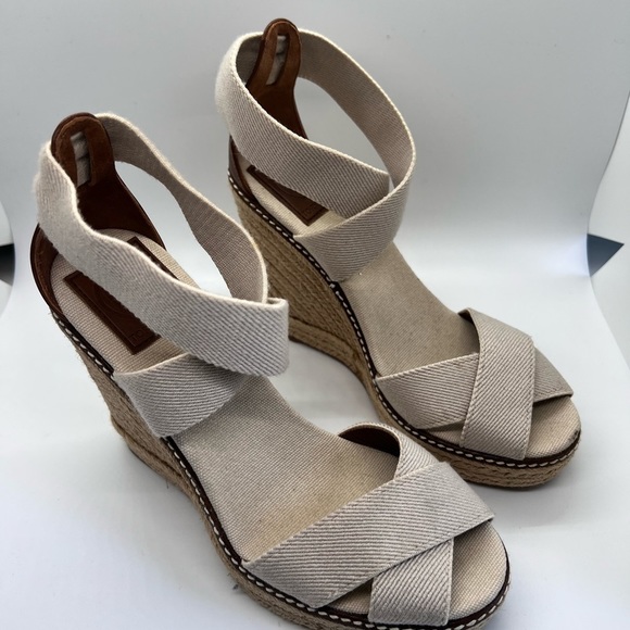 PRE-OWNED Tory Burch Nat. Adonis Crisscross Esp. Wedge Sandals Sz 7B - Picture 4 of 10